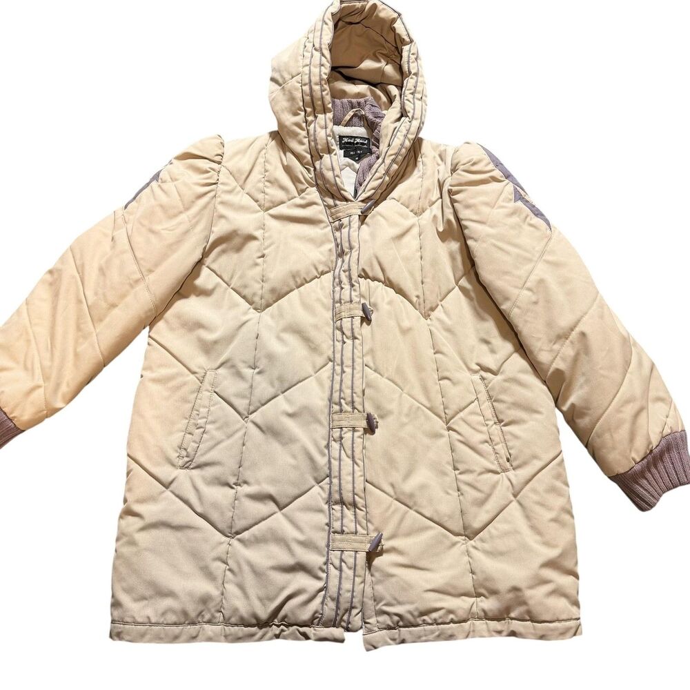 Vintage Mod Maid Coat Girls Small Beige Hooded Quilted Winter Parka Warm